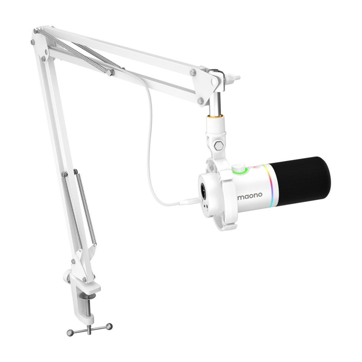 Un microphone blanc avec un cylindre noir et des lumières arc-en-ciel, relié à un bras et une pince réglables.