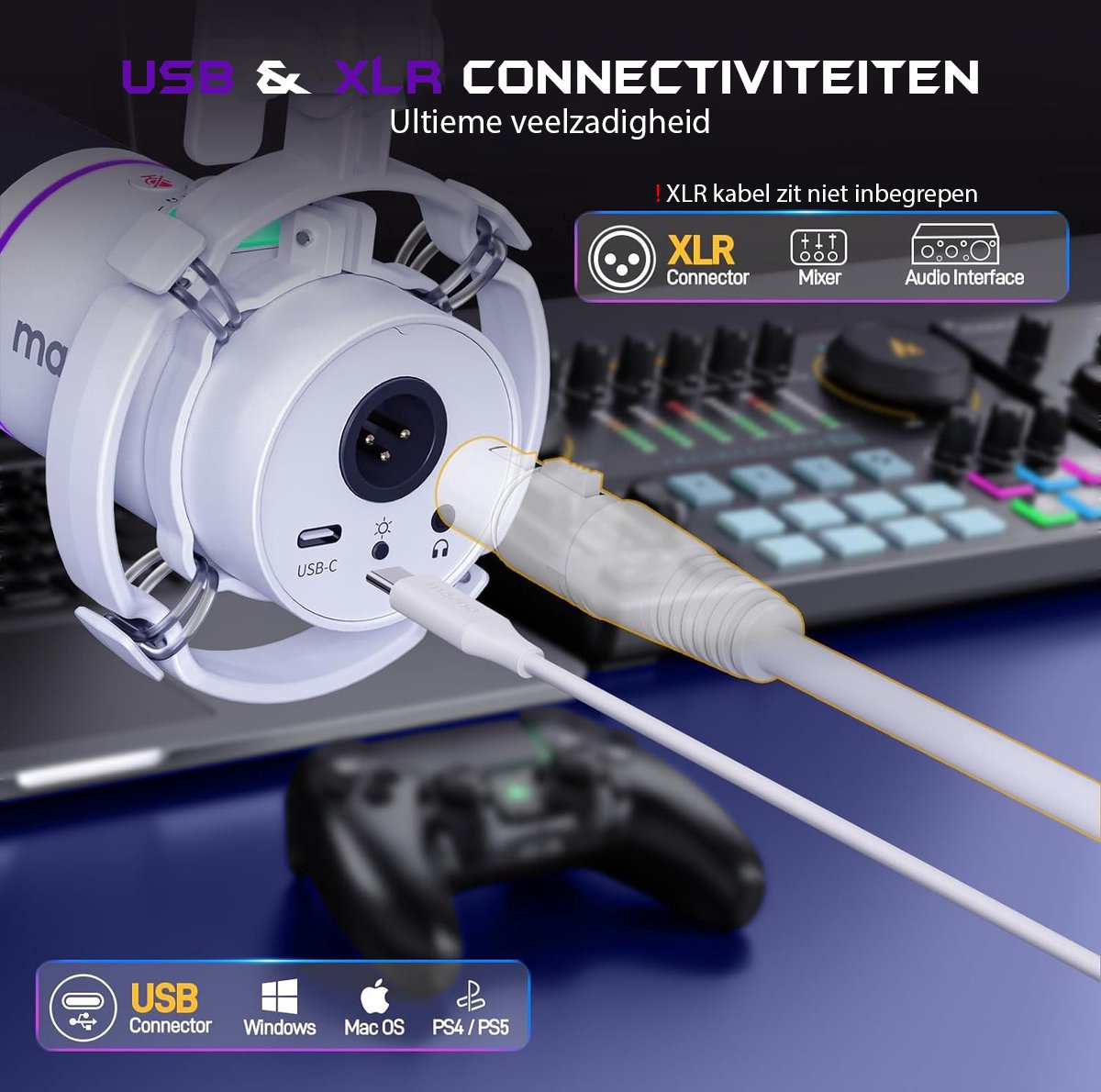 Un microphone blanc avec connecteurs USB et XLR, connecté à un câble. Une manette de jeu est en arrière-plan flou. Textes sur la connectivité.
