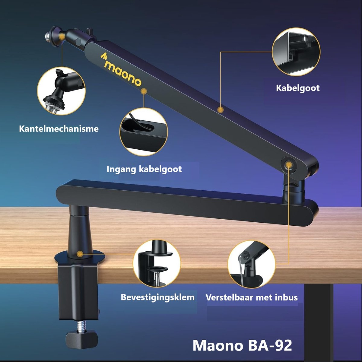 Viene mostrato un braccio per microfono nero Maono BA-92. Ha caratteristiche come una guida per cavi, un meccanismo di inclinazione e un morsetto regolabile.