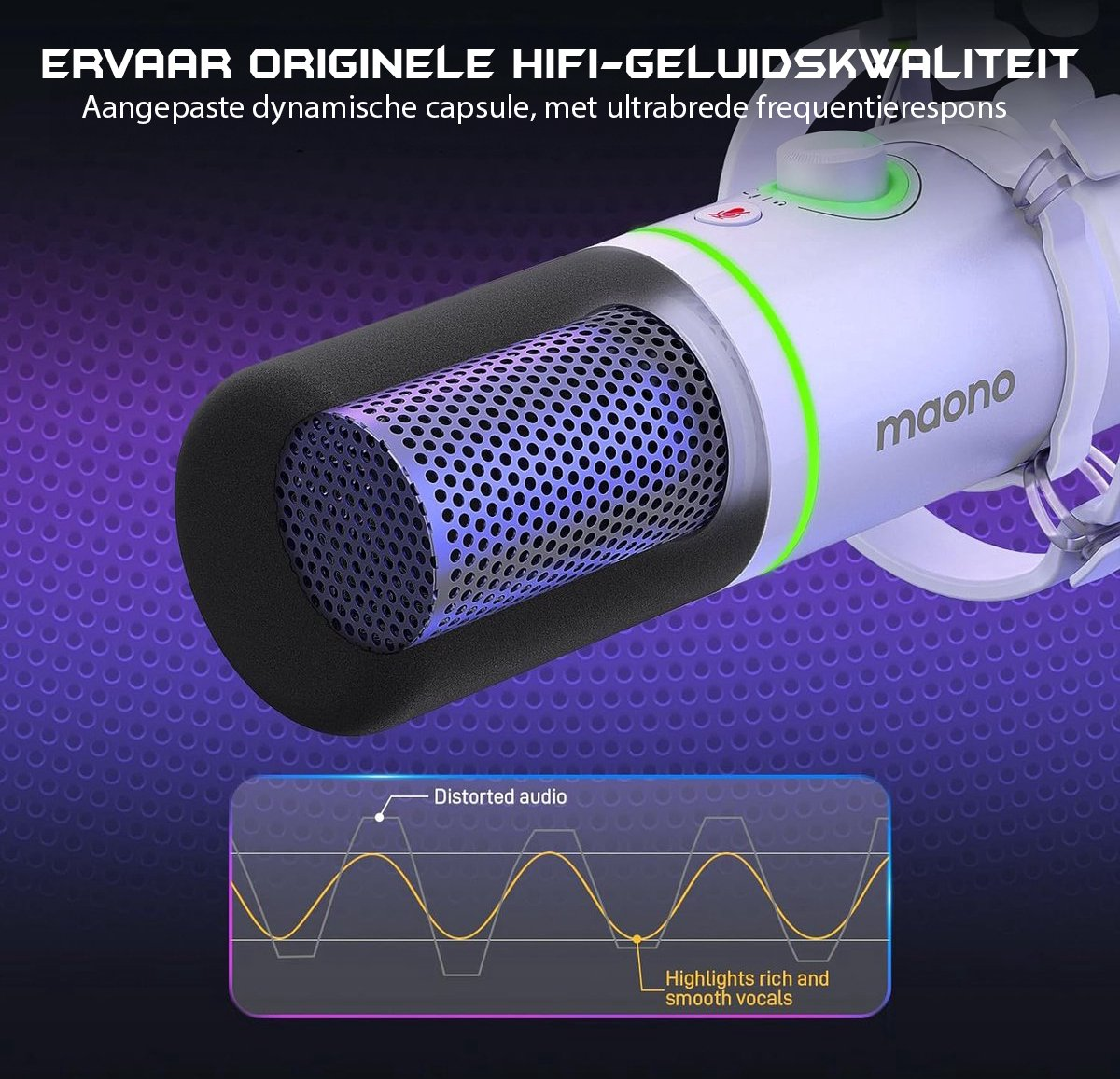 Un microphone blanc avec une housse en mousse noire est présenté. Un graphique compare l'audio déformé aux voix douces. La marque 'maono' est visible.
