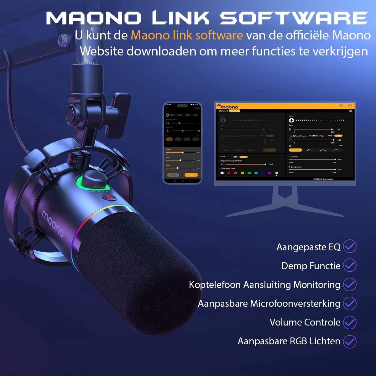 Een Maono-microfoon met software-interface, met instellingen en functies, tegen een donkerblauwe achtergrond.