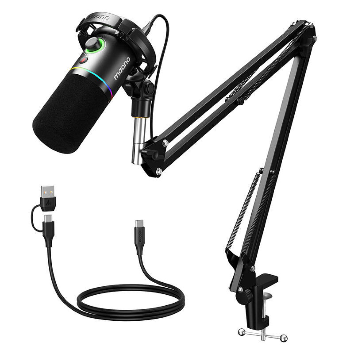 Un microphone Maono noir avec filtre anti-pop, monté sur un bras réglable noir, avec un câble USB.