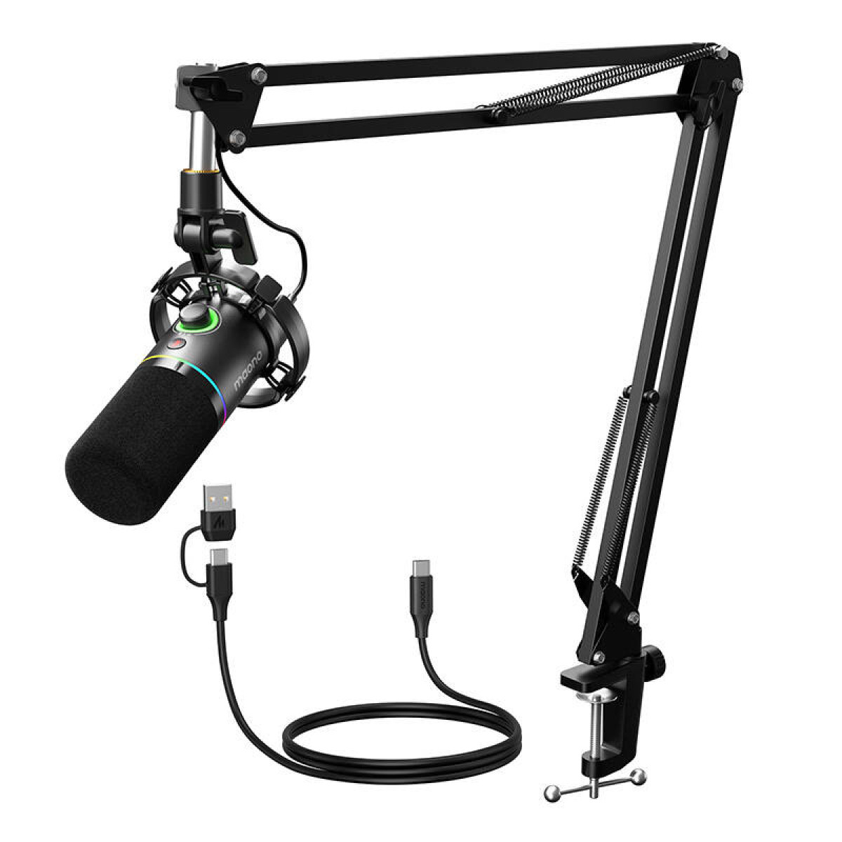 Un microphone noir avec filtre anti-pop est monté sur un bras réglable. Câbles USB-A, USB-C et d'alimentation connectés.