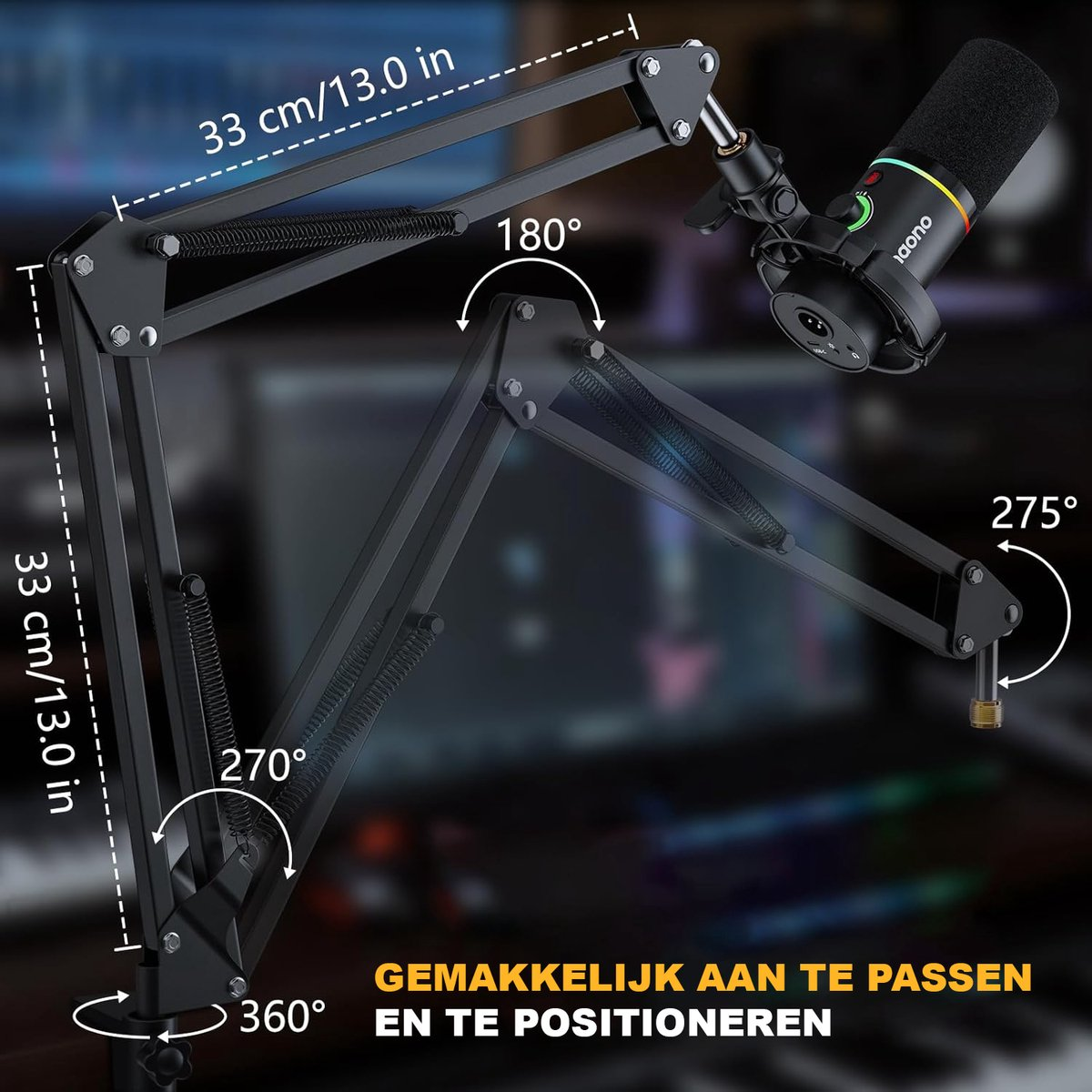 Ein schwarzes Mikrofon mit flexiblem Arm. Der Arm hat Gelenke mit Gradanzeigen und Text auf Niederländisch.