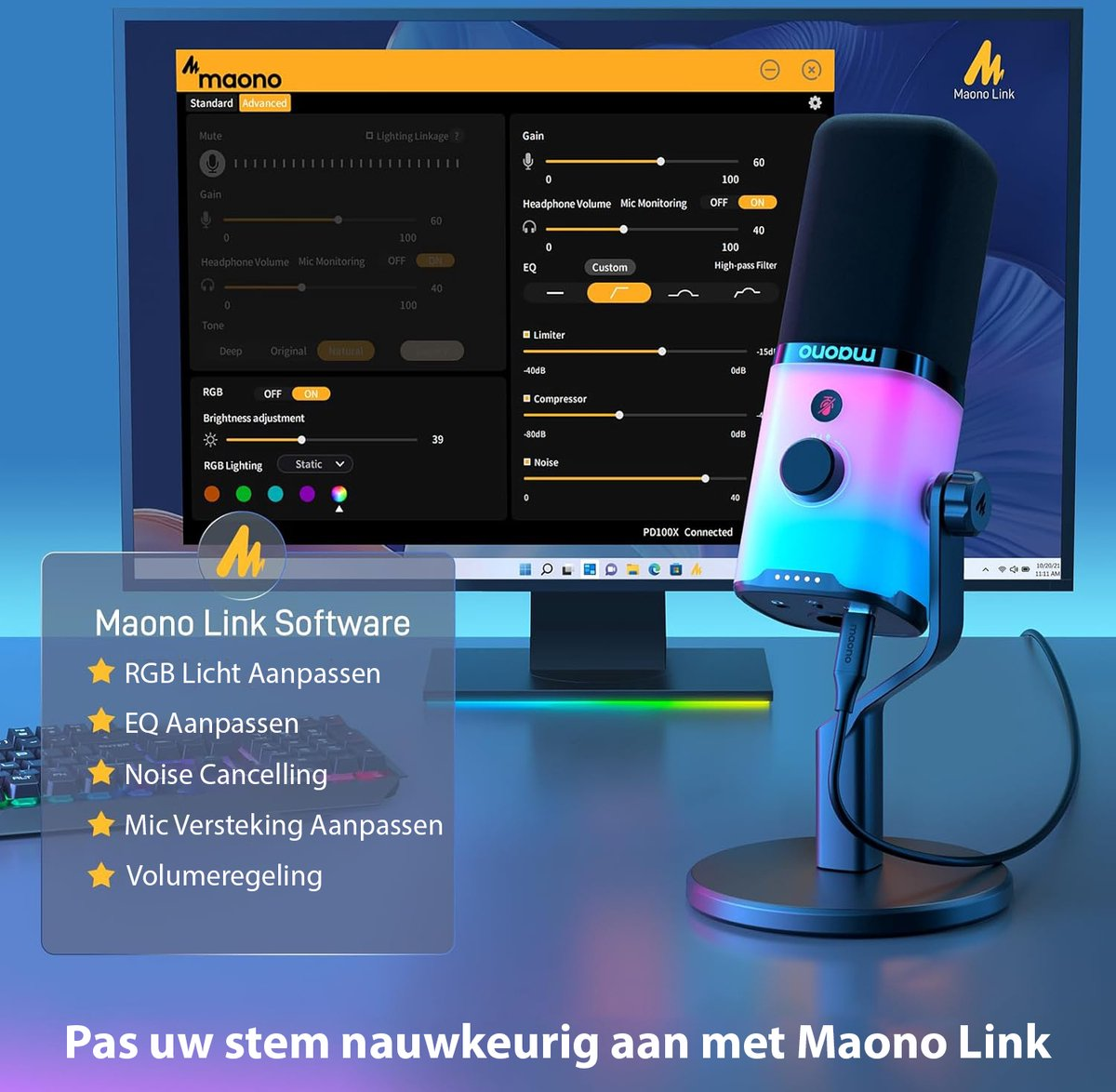 Een Maono-microfoon met kleurrijke lichten staat voor een computerscherm met audio-instellingen.