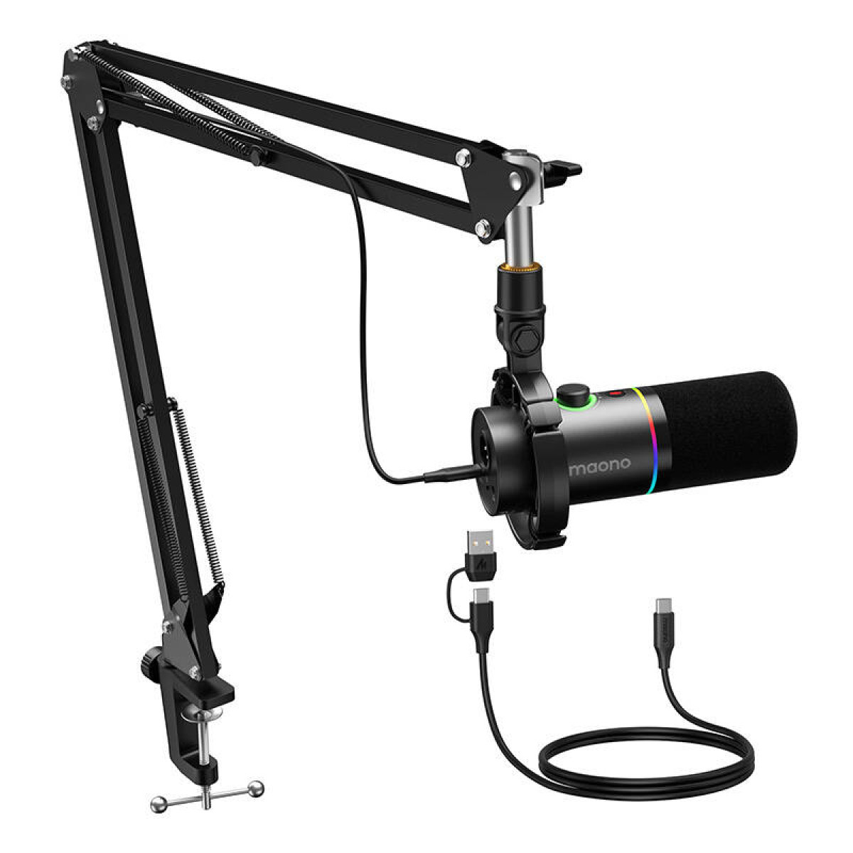 Un microphone Maono noir avec un pied de bras noir, des câbles et une pince. Le microphone est cylindrique avec une lumière arc-en-ciel.