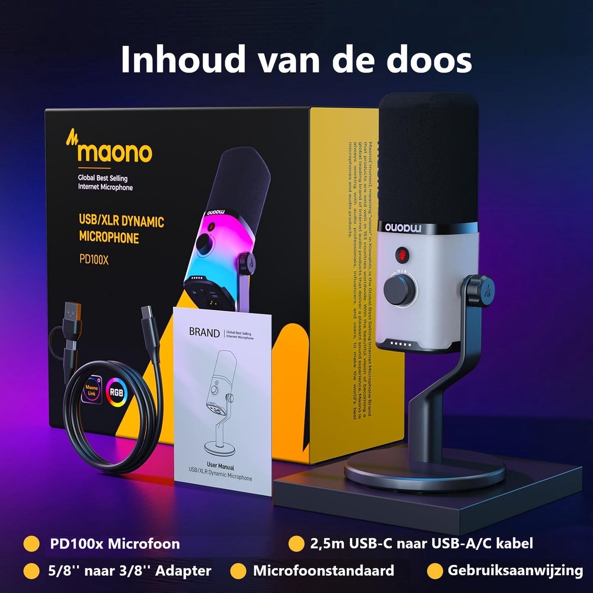Afbeelding toont een microfoonkit. Inclusief microfoon, kabels, adapter, standaard en handleiding. De doos zegt Maono.