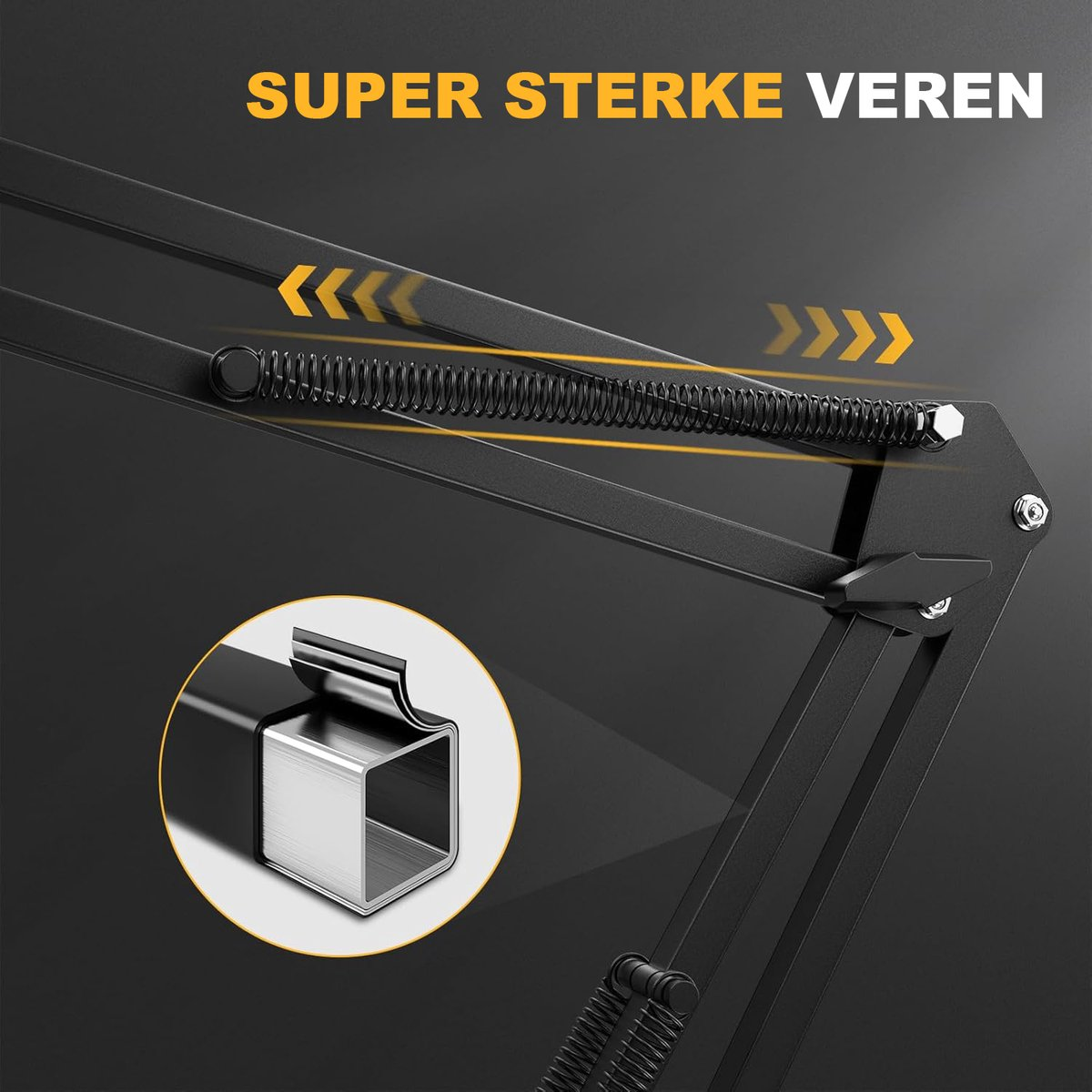 Nahaufnahme eines schwarzen mechanischen Arms mit Feder. Der Text "SUPER STERKE VEREN" steht oben. Kreisförmiges Detail eines Metallteils.