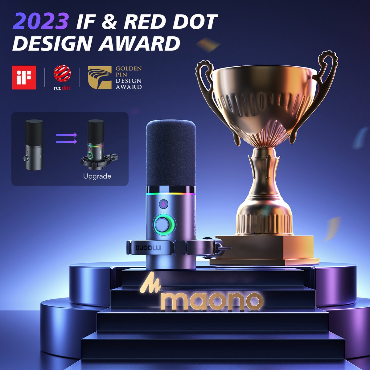Un microphone avec un trophée et des logos de récompenses. Le microphone a des lumières colorées. 'Maono' est écrit sur la base.