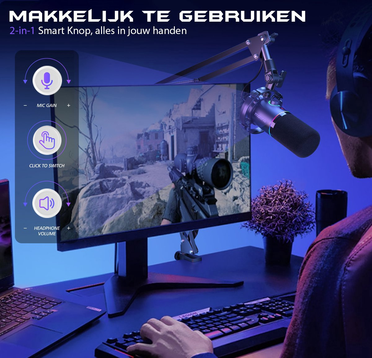 Une personne portant un casque utilise un ordinateur. Un microphone est fixé au moniteur. L'écran affiche une scène de jeu.