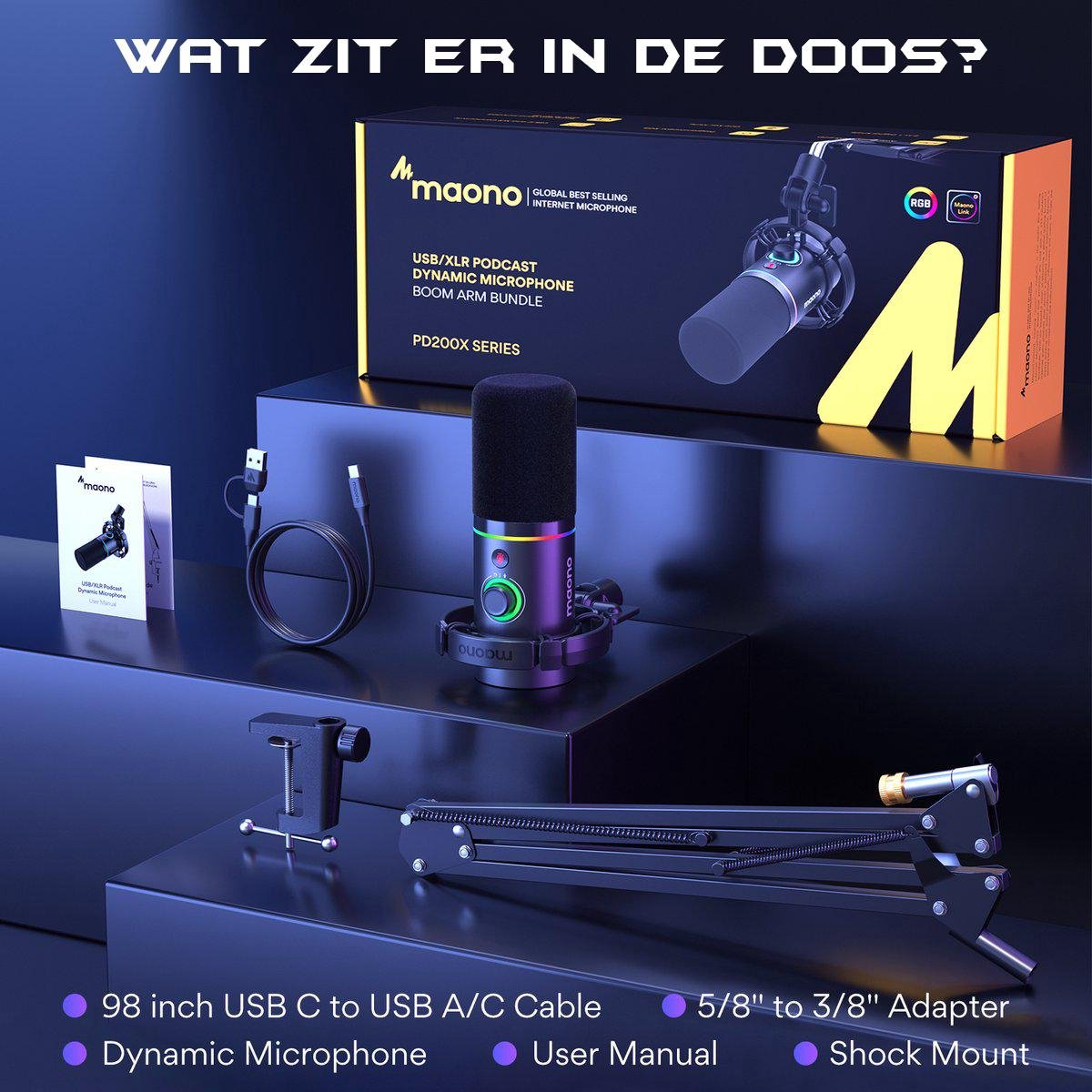 Un ensemble de microphones Maono PD200X. Comprend micro, câbles, support antichoc, manuel d'utilisation et bras. La boîte est en arrière-plan.