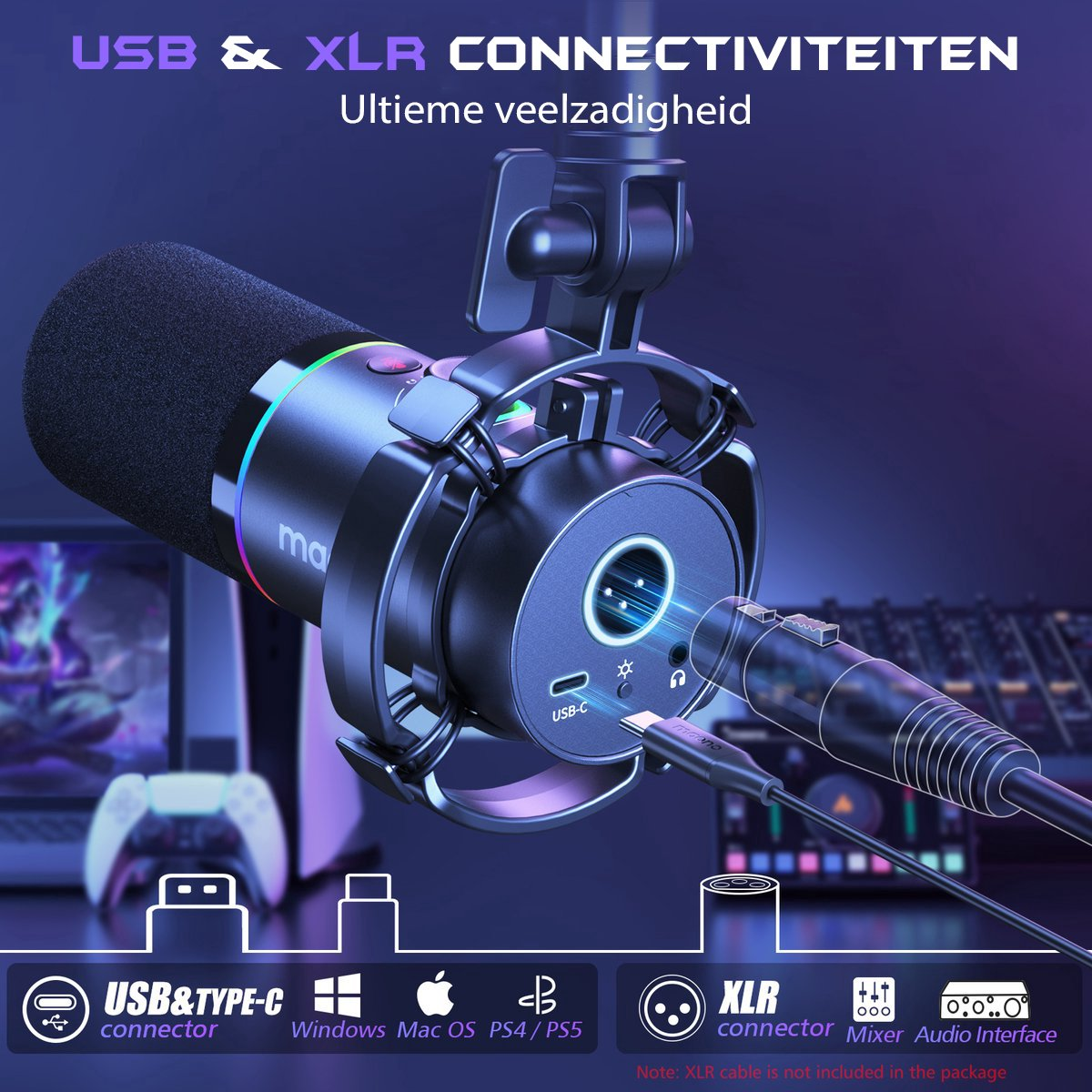 Un microphone noir avec connectivité USB et XLR. Le texte en haut indique 'USB & XLR CONNECTIVITEITEN'. Plusieurs icônes sont affichées en bas.