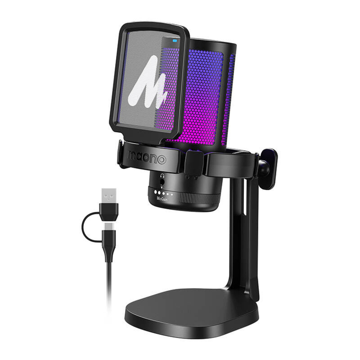 Un microphone noir avec filtre anti-pop, câble USB et support sur fond blanc. Le micro présente une conception en maille et le nom de la marque.
