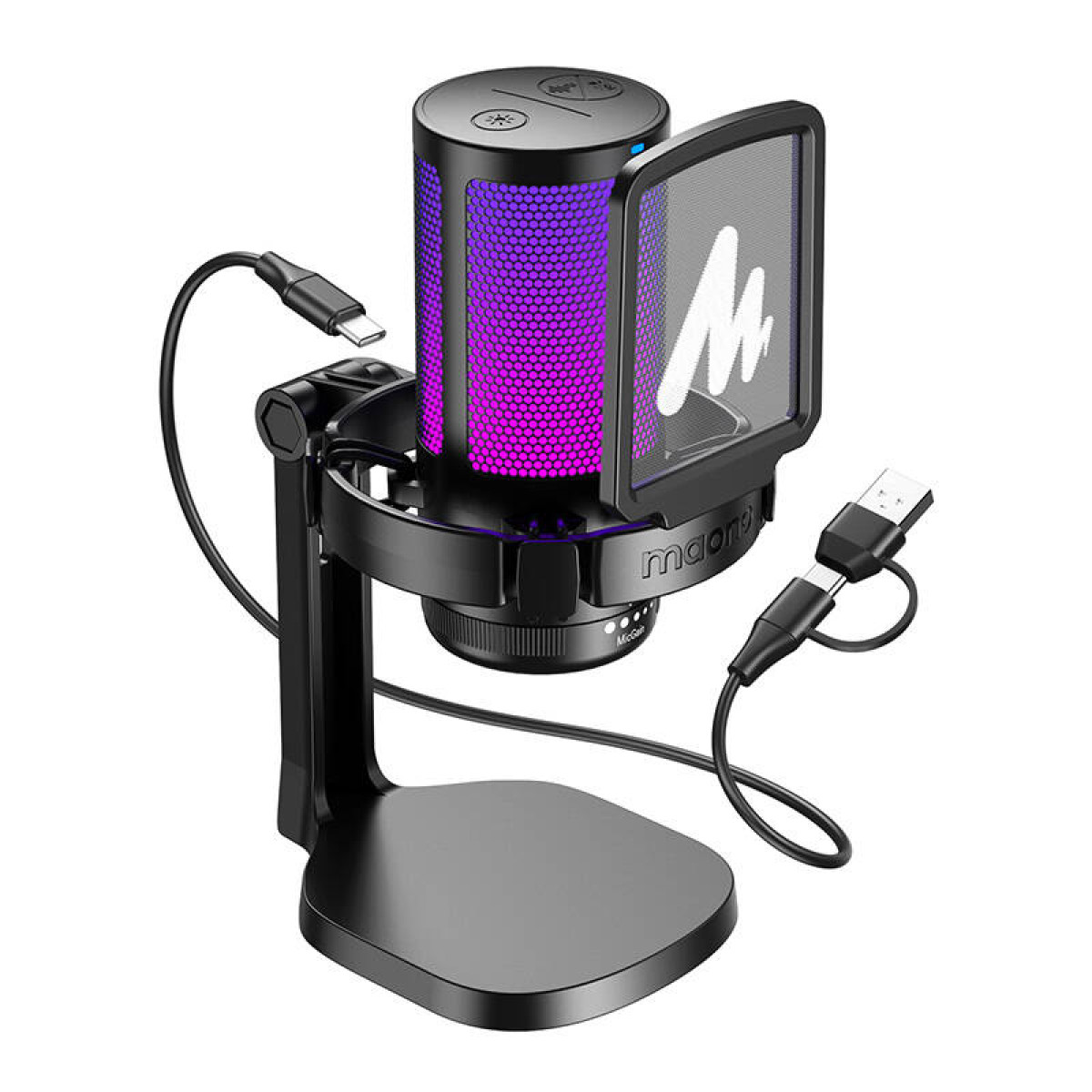 Un microphone noir avec une lumière violette et rose, un filtre anti-pop et deux câbles USB. Il repose sur une base noire.