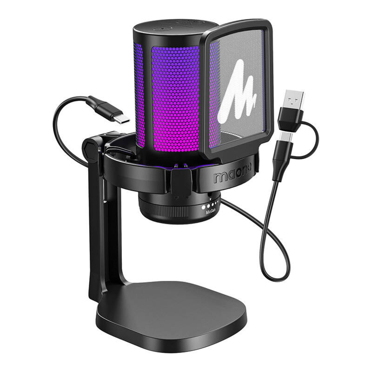 Un microphone noir avec une lumière violette et rose, un filtre anti-pop et un câble USB, monté sur un support.