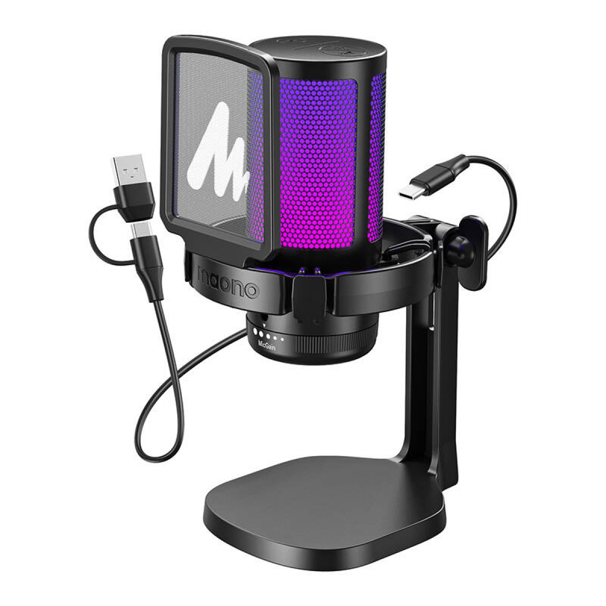 Un microphone noir avec une lumière violette et rose. Il a un filtre anti-pop, un support et deux câbles USB.
