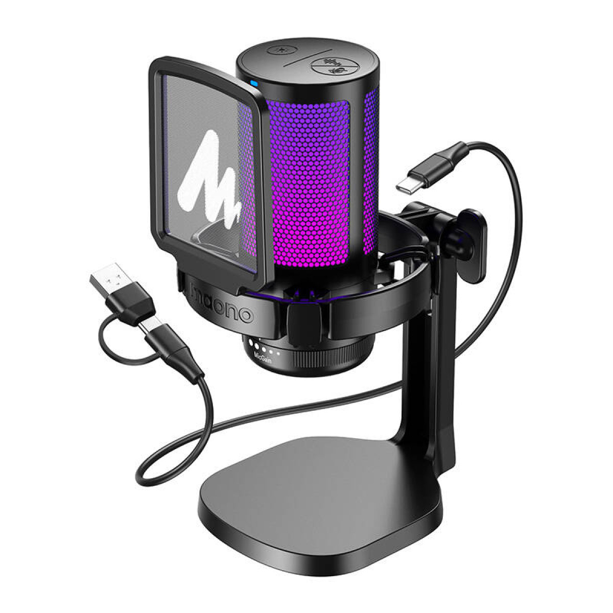 Un microphone noir avec une lumière violette et rose. Il possède un filtre anti-pop, un pied et deux câbles USB.