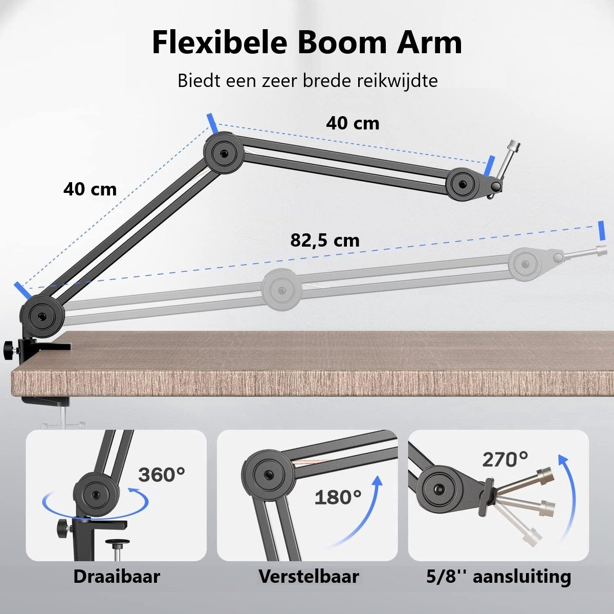 Zwarte flexibele arm met maten. Toont 360, 180 en 270 graden rotatie. Inclusief schema's voor verstelbaarheid en aansluiting.