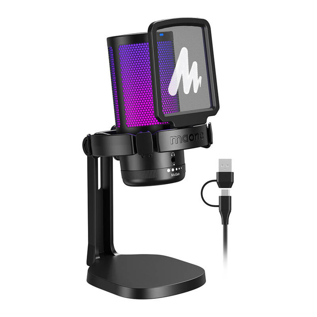 Un microphone noir avec un intérieur violet et rose, un filtre anti-pop et un support, ainsi qu'un câble USB.