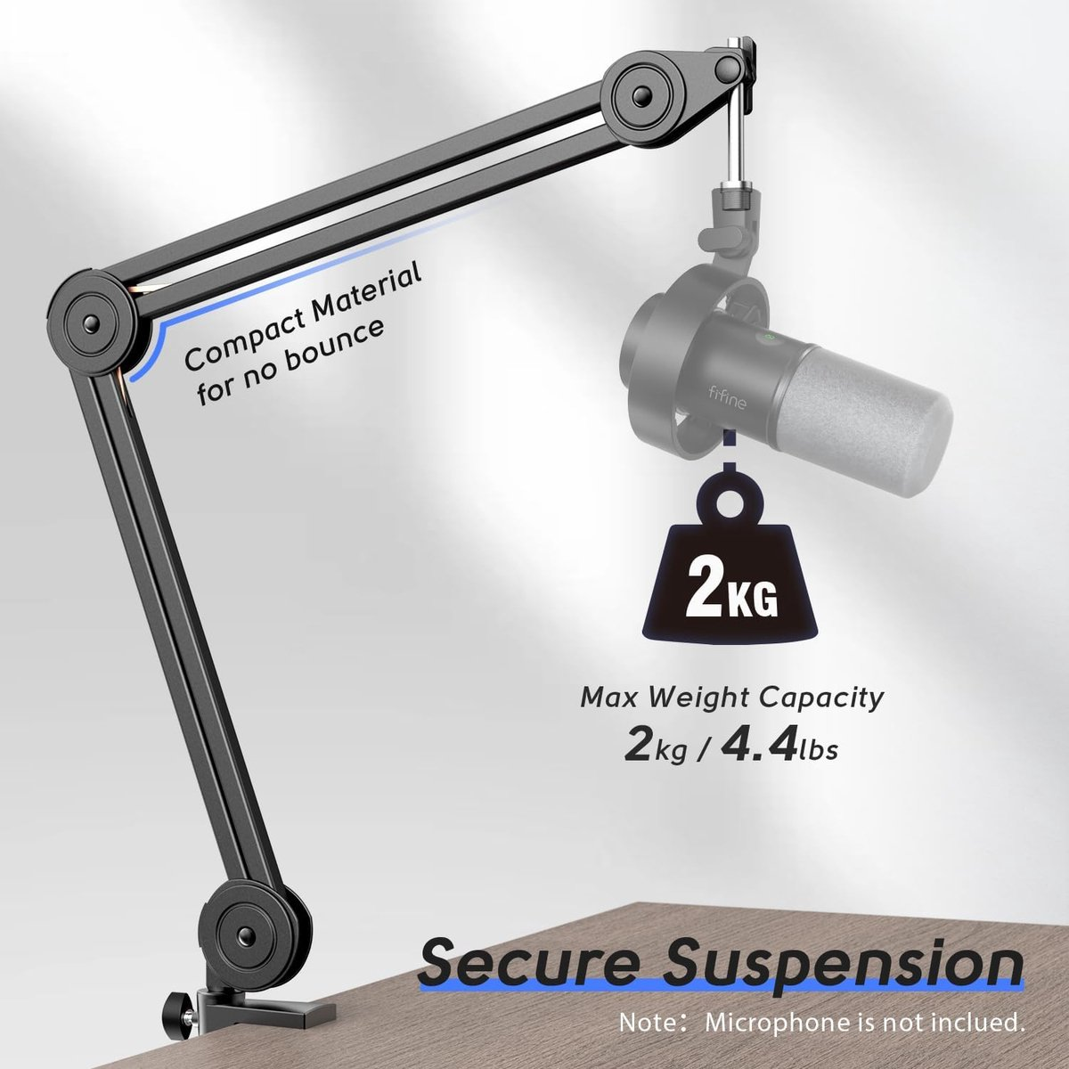 Een zwarte microfoonarm met een microfoon bevestigd. De arm is gelabeld met 'Compact Material'. Een gewichtscapaciteit van 2 kg wordt weergegeven.