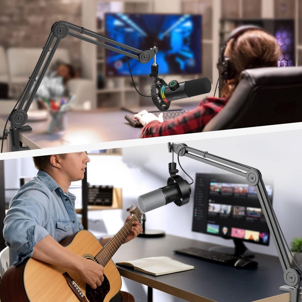 Twee scènes: Boven, persoon met koptelefoon en microfoon. Onder, man speelt gitaar in de buurt van een microfoon. Beide microfoons op verstelbare armen.