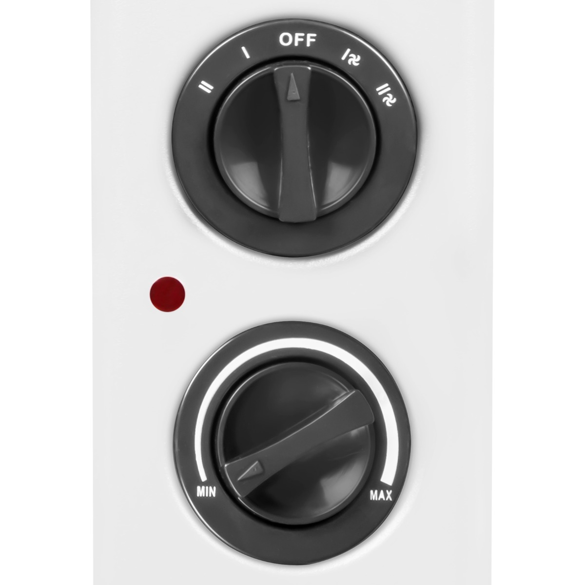 Close-up of a white appliance with two black knobs and a red light. The top knob says OFF, the bottom says MIN to MAX.