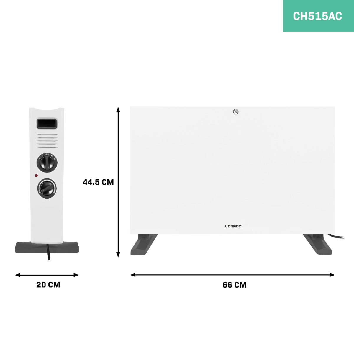 A white electric heater with controls on the left and dimensions displayed. A green rectangle displays 'CH515AC'.