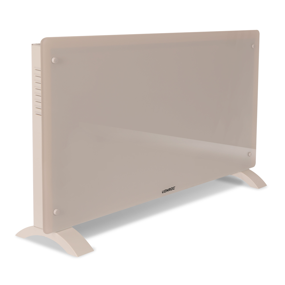 A beige electric heater with a rectangular design, standing on two curved feet. The brand name is visible on the front.