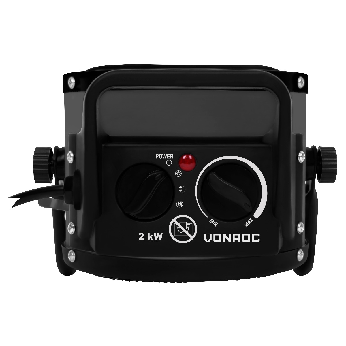 A black Vonroc electric heater. It has knobs, a power button, and a red light. The heater's power is 2 kW.