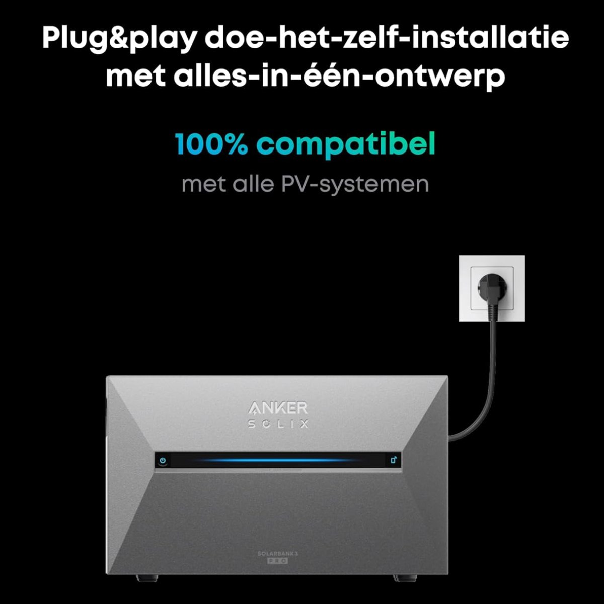 A gray Anker Solix power station with a plug connected to an outlet. Text says '100% compatible' and 'Plug&play'.