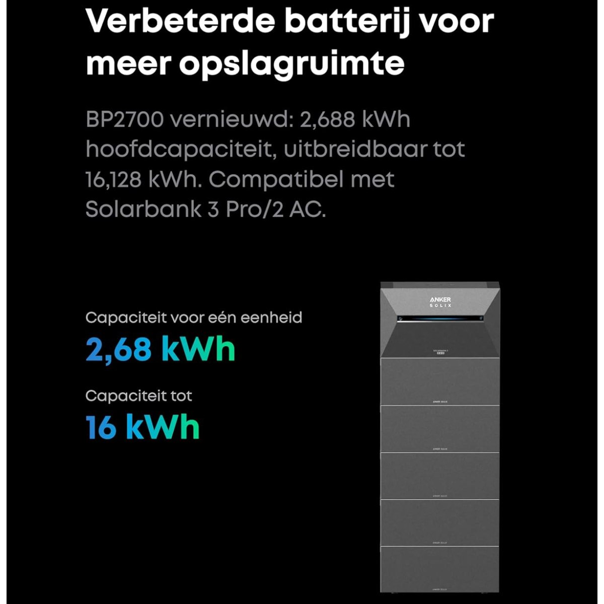 Image shows text about improved battery with storage capacity. It also shows a battery unit with the Anker Solix logo.