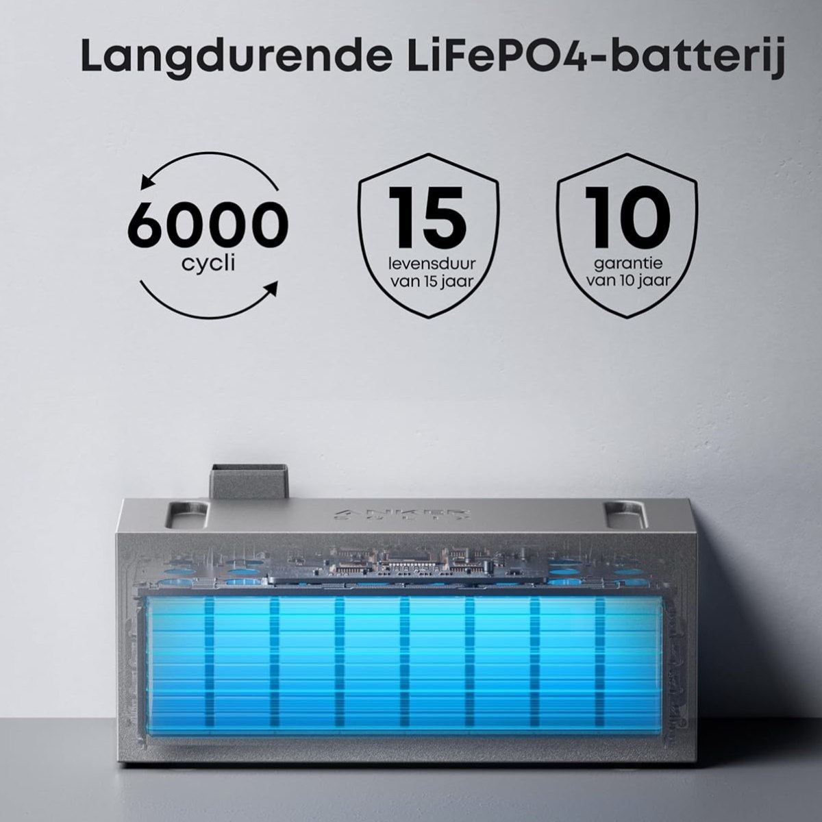 A battery with text about cycles, lifespan, and warranty. The battery is gray with a blue inner glow. The background is white.