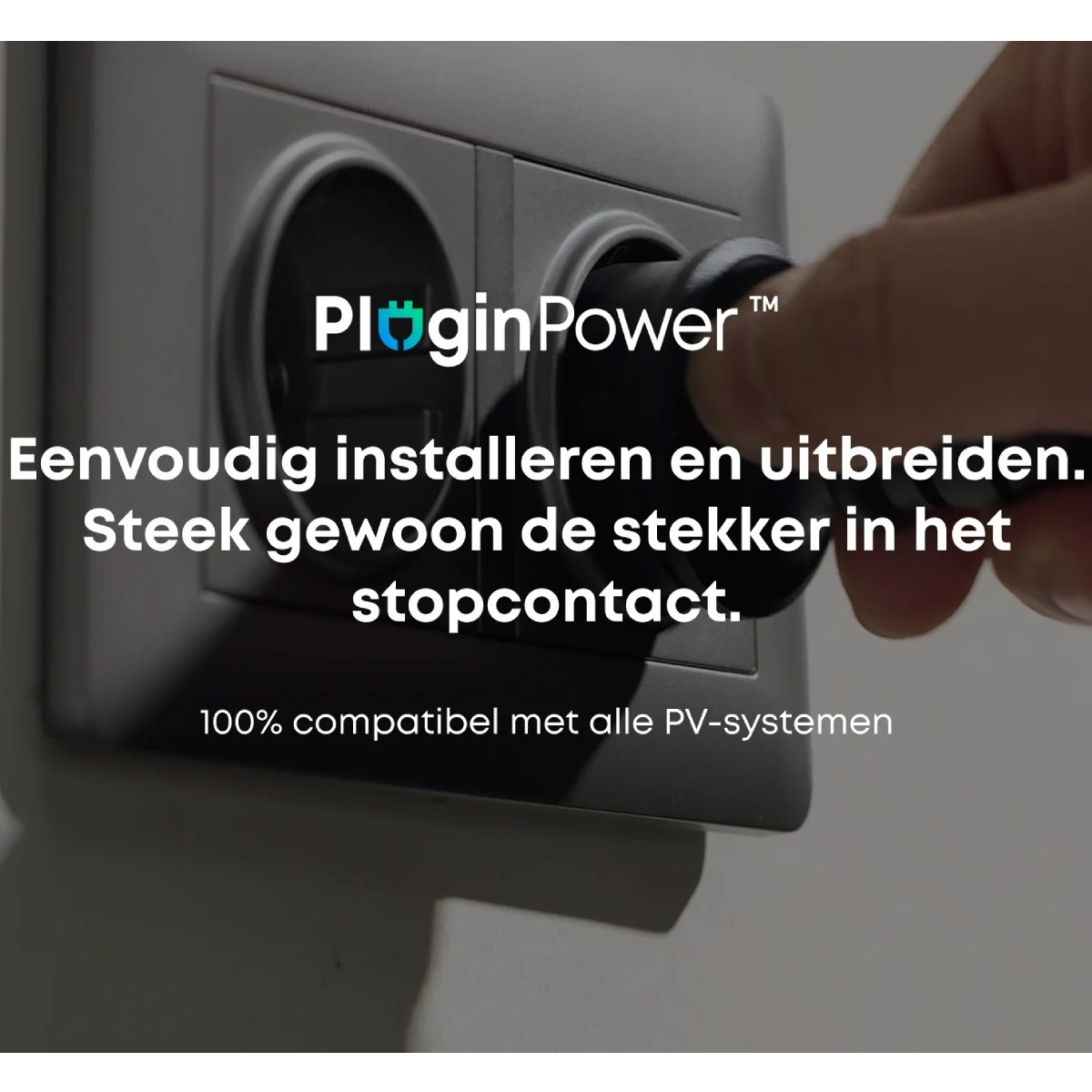A hand plugs a black plug into a wall outlet. Text says 'Easy to install and expand. Just plug in the outlet'.