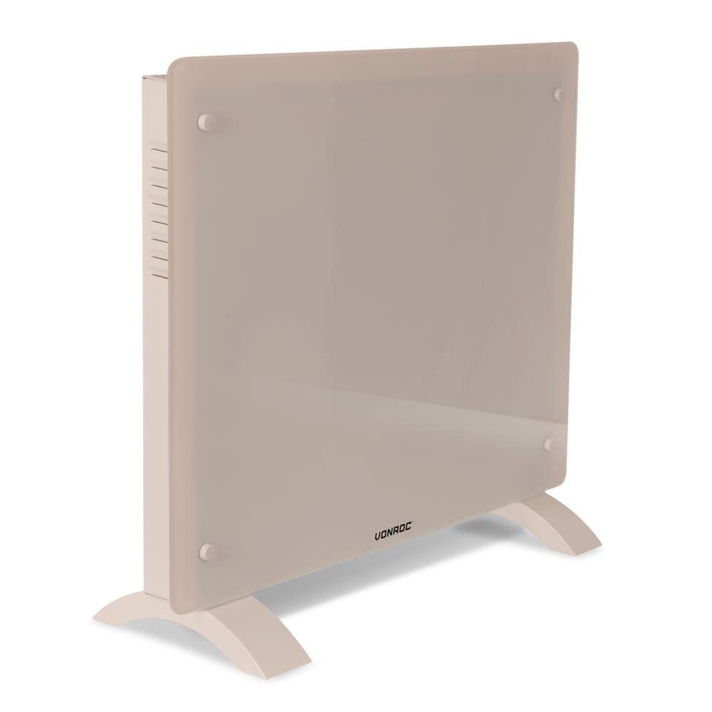 A beige electric panel heater with a glass front, standing on two curved feet. The brand name, VONROC, is visible.