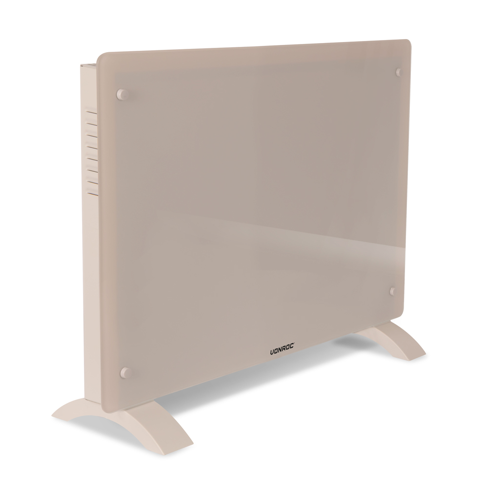 A beige electric heater with a glass panel. It has two curved legs for support. The brand name, VONROC, is visible.