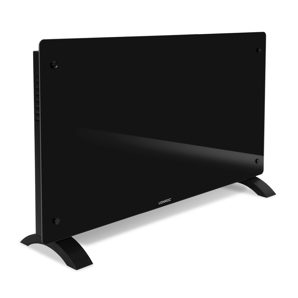 A black glass panel heater with curved legs. The heater has a glossy surface and the brand name 'VONROC' is visible.