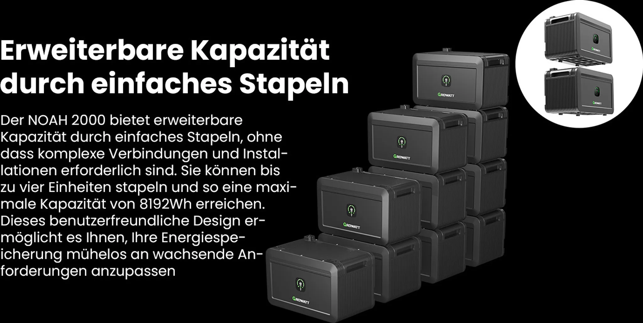 Black stacked power units. Text: Erweiterbare Kapazität. Brand logo: Growatt. Product description focuses on easy stacking for expanded capacity.