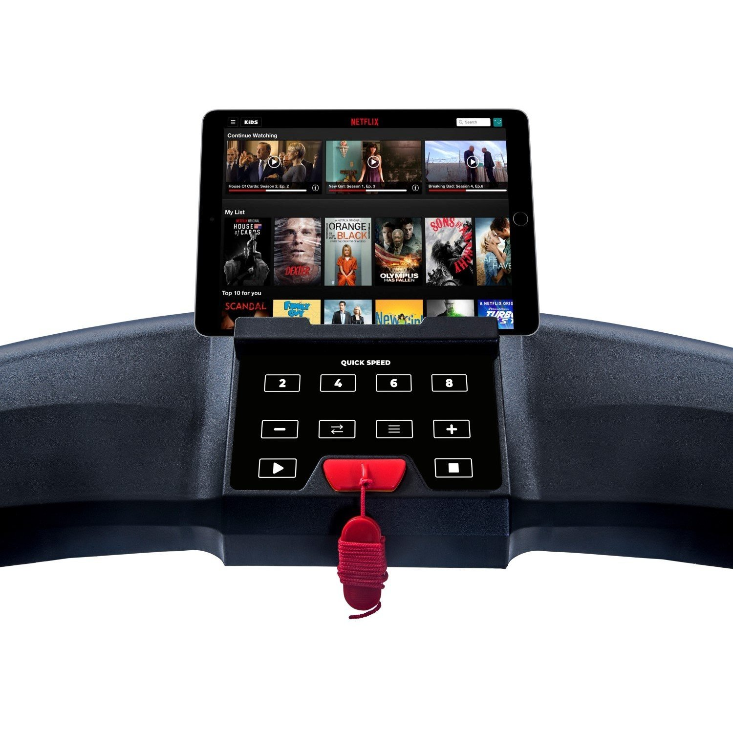 Ein Tablet zeigt Netflix auf einer Laufbandkonsole. Knöpfe und ein roter Sicherheitsschlüssel sind sichtbar.