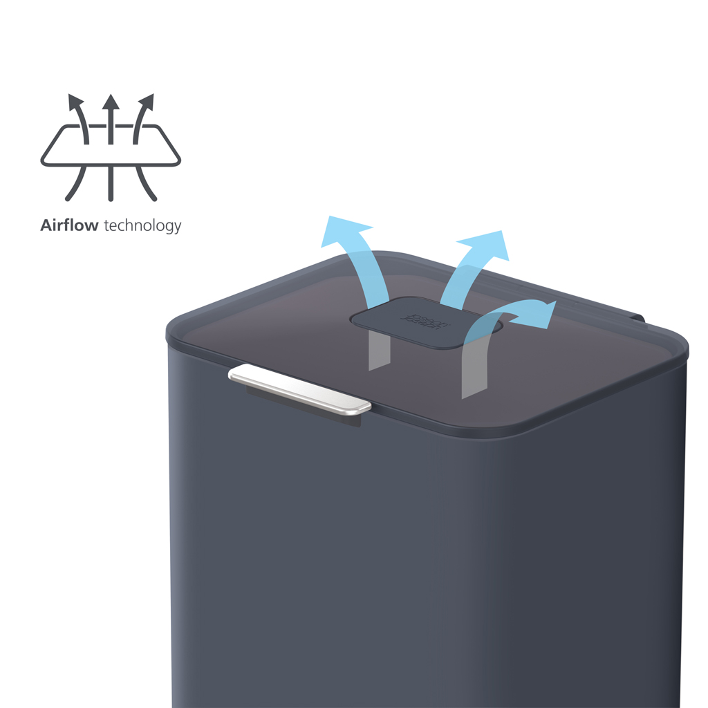 Un cestino grigio scuro con tecnologia di flusso d'aria. Le frecce indicano il movimento dell'aria dall'alto. L'etichetta "Airflow technology" è visualizzata.