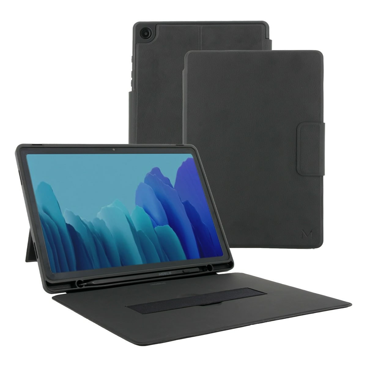 Una tableta con una imagen abstracta azul en la pantalla, en una funda negra, y se ven dos fundas negras más.
