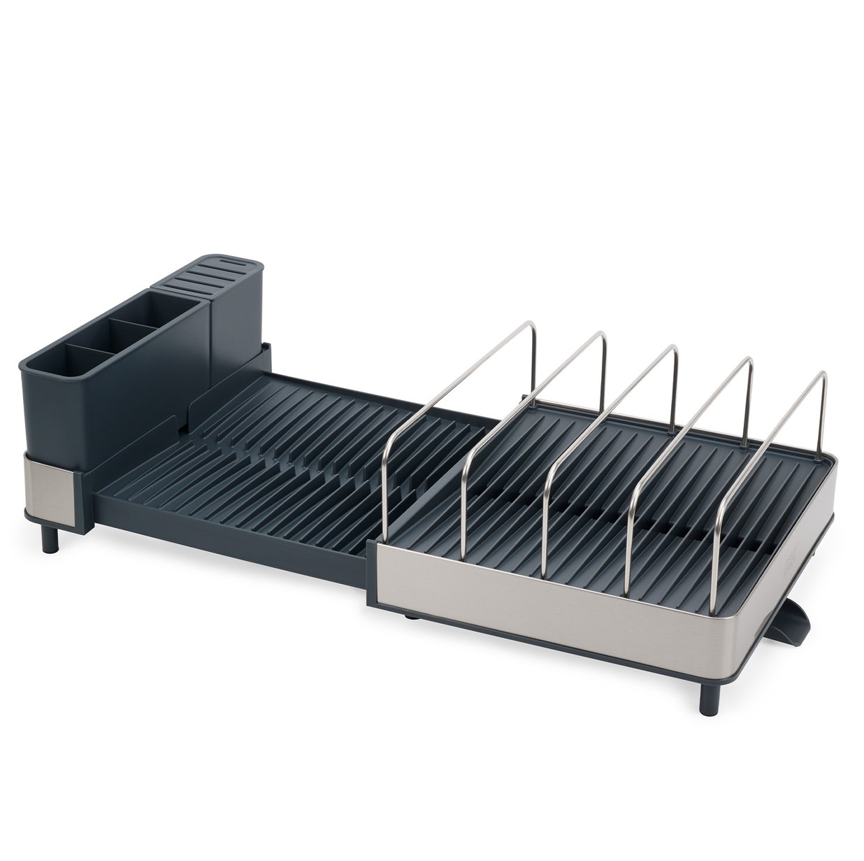 Un escurreplatos gris oscuro con un soporte para utensilios. Tiene secciones para platos y cubiertos, con un acento de acero inoxidable.