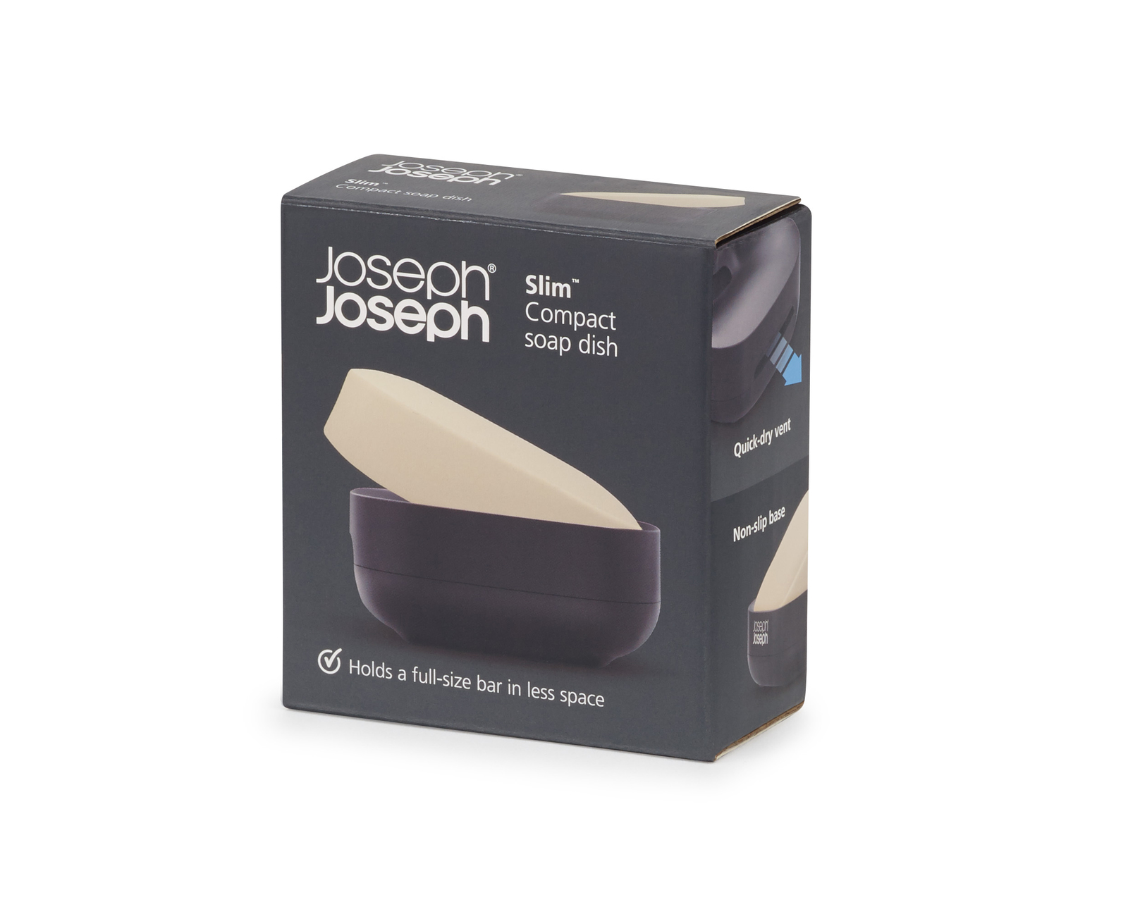 Una caja para un jabonera Slim Compact. La caja es gris oscuro con una ilustración de jabonera y barra de jabón.