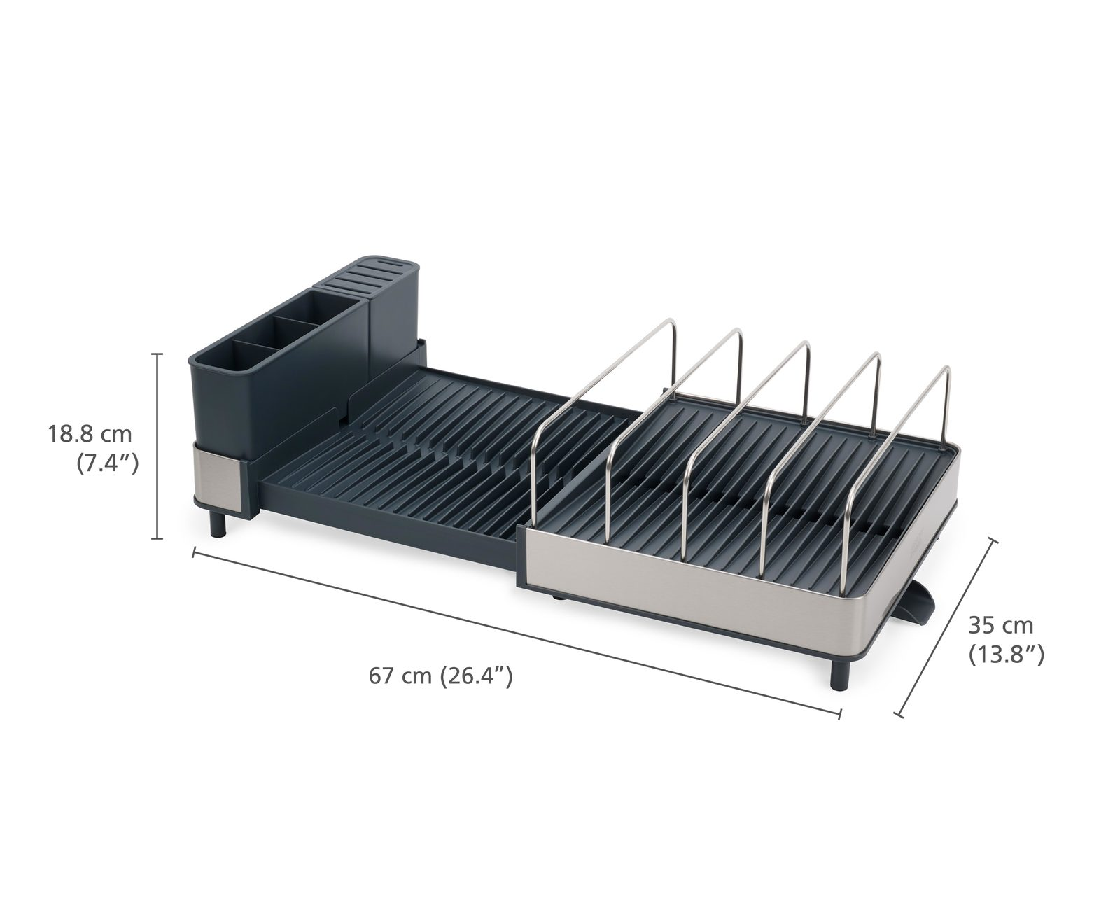 Un escurreplatos gris oscuro con un soporte para utensilios y un área de secado. Las dimensiones están marcadas.