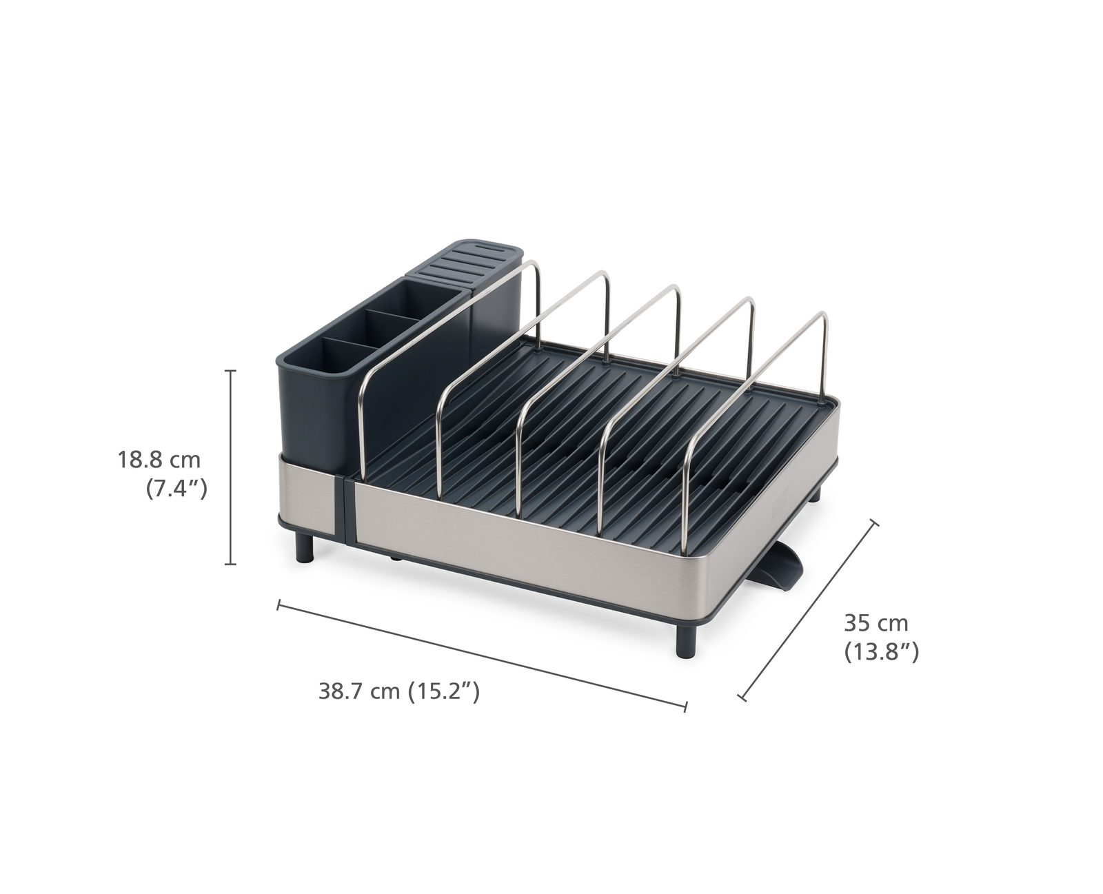 Un escurreplatos con secciones gris oscuro, rejillas de acero inoxidable y un soporte para utensilios. Las dimensiones están etiquetadas en cm y pulgadas.