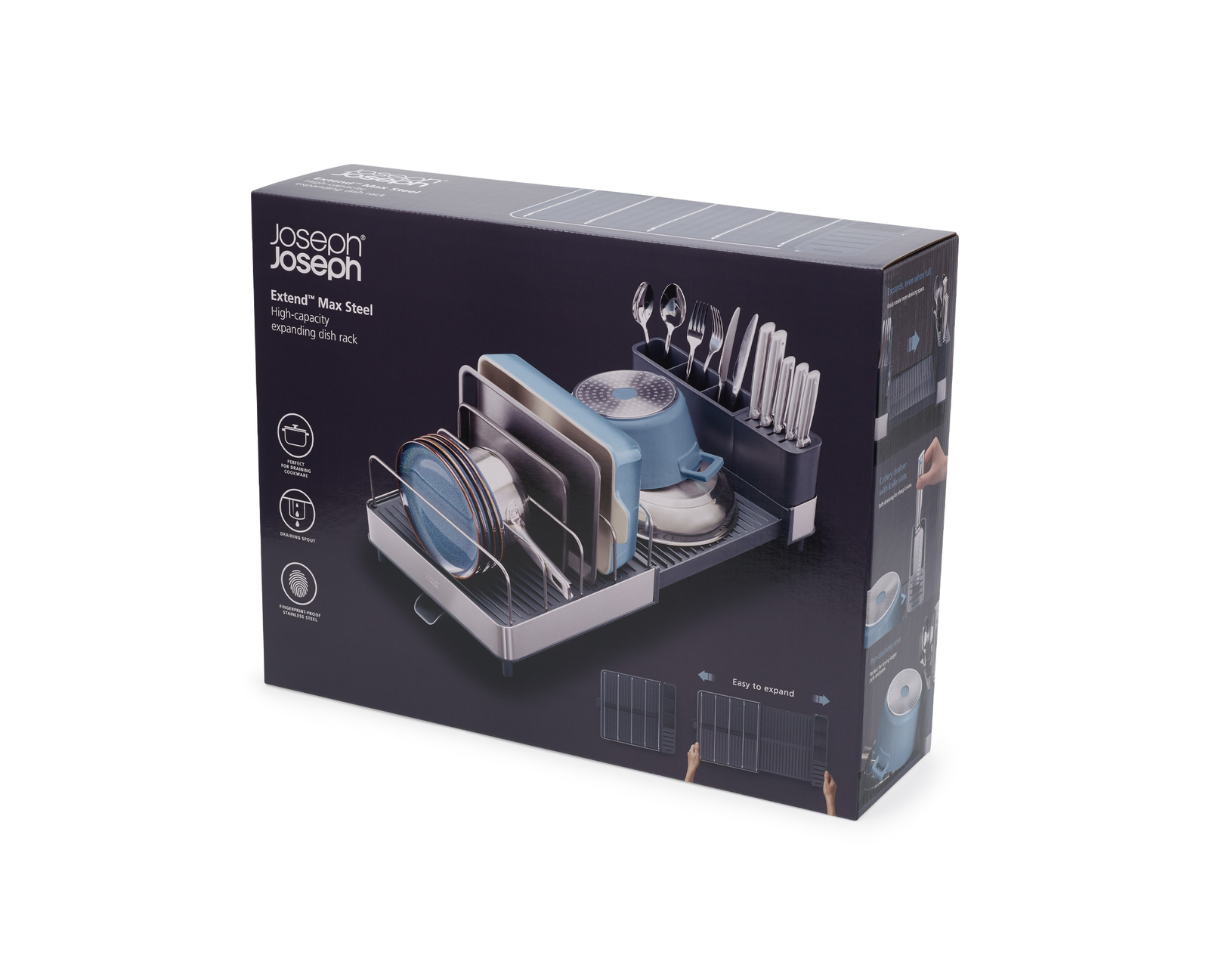 Una caja de escurreplatos Joseph Joseph Extend Max Steel. La caja contiene el escurreplatos y varios utensilios de cocina.