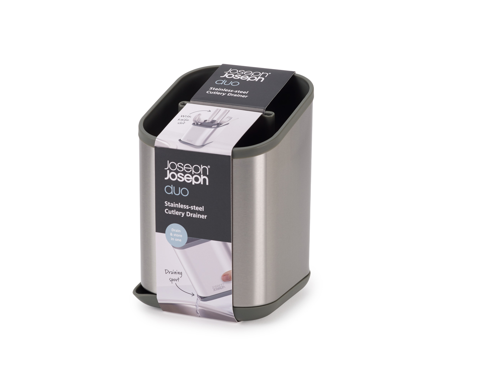 Uno scolaposate in acciaio inossidabile con bordo e base grigi e un'etichetta bianca con la scritta Joseph Joseph duo.