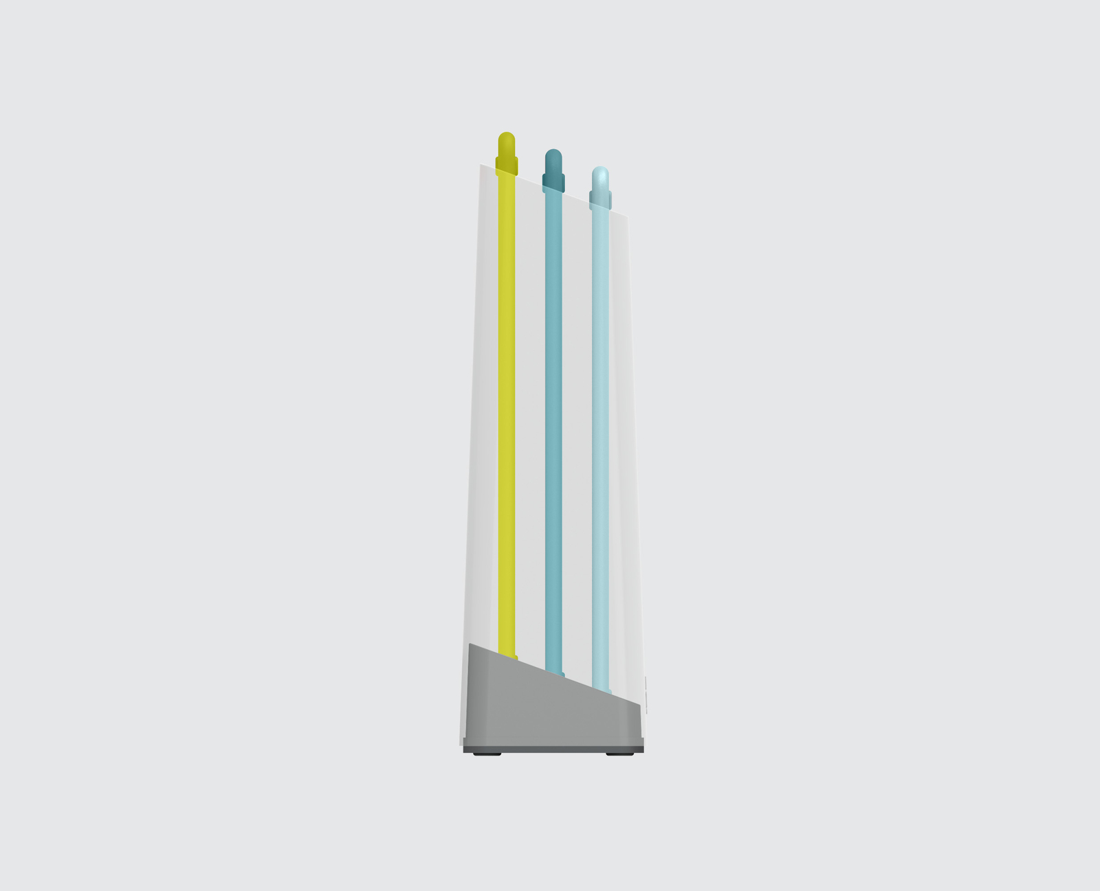 Un objeto blanco con varillas amarillas, verde azulado y azul claro, una base gris y un fondo gris claro.