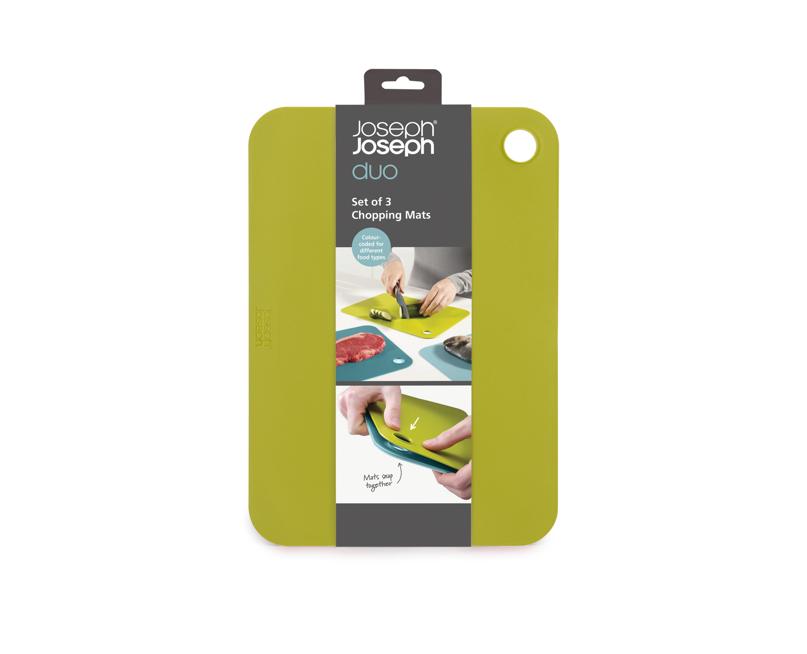 Un juego de tablas de cortar Duo Joseph Joseph verde. Tiene tres esterillas y un asa negra. Las imágenes muestran diferentes alimentos en las esterillas.
