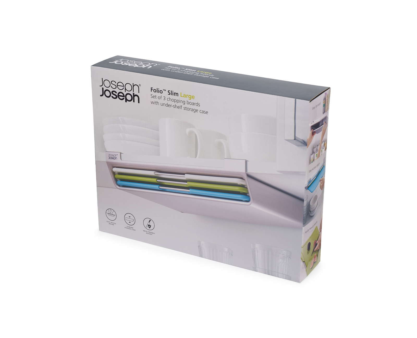 Una caja Joseph Joseph Folio Slim Large. Muestra tablas de cortar y tazas. El texto dice: Juego de 3 tablas de cortar.