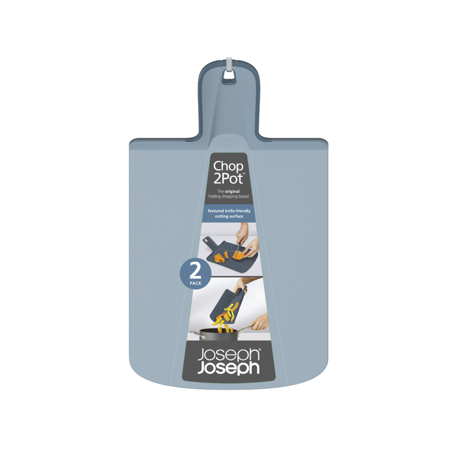 Una tabla de cortar azul plegable con el texto "Chop 2 Pot". Tiene imágenes de cortar y verter verduras.
